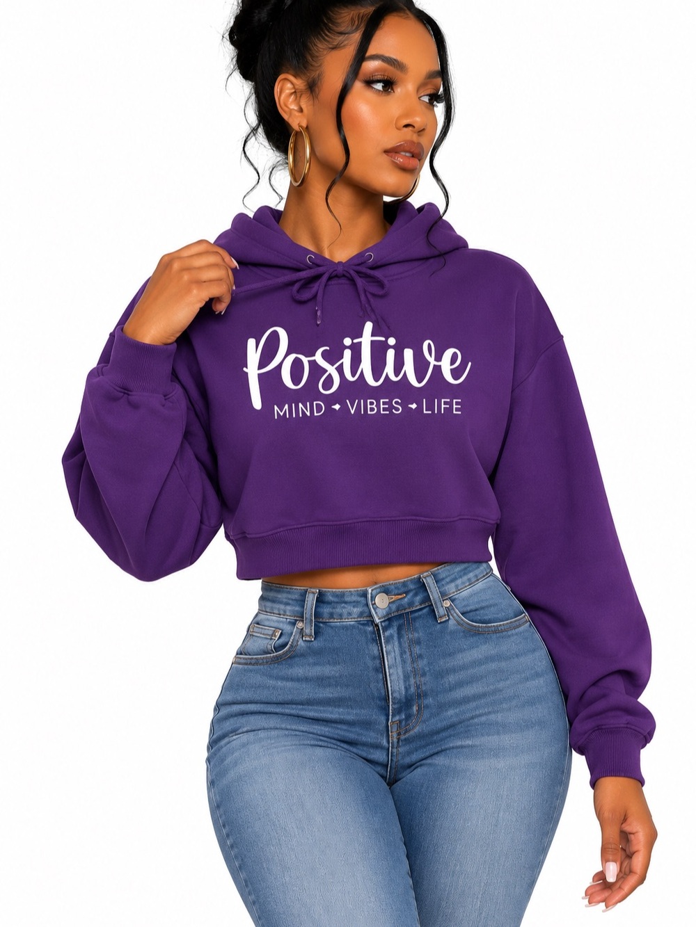 Women’s Purple Positive Graphic Cropped Hoodie Pullover Sweatshirt Long Sleeve